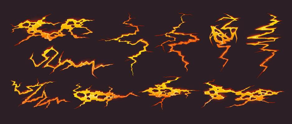 Cartoon volcano lava or magma fire, ground cracks