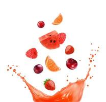 rojo frutas jugo mezcla chapoteo de naranja, fresa vector