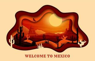 Mexican desert paper cut landscape, cactuses, sand vector