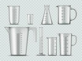 Measure glass cups, containers, laboratory beakers vector