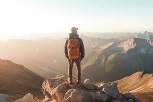 AI generated Group of male hikers admiring a scenic view from a mountain top. Adventurous young men with backpacks. Hiking and trekking on a nature trail. Traveling by foot. photo