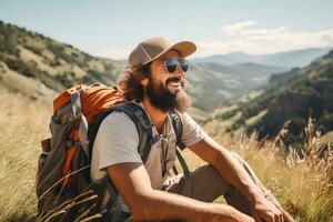 AI generated Group of male hikers admiring a scenic view from a mountain top. Adventurous young men with backpacks. Hiking and trekking on a nature trail. Traveling by foot. photo