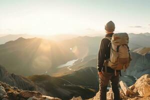 AI generated Group of male hikers admiring a scenic view from a mountain top. Adventurous young men with backpacks. Hiking and trekking on a nature trail. Traveling by foot. photo