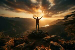 AI generated Group of male hikers admiring a scenic view from a mountain top. Adventurous young men with backpacks. Hiking and trekking on a nature trail. Traveling by foot. photo