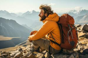 AI generated Group of male hikers admiring a scenic view from a mountain top. Adventurous young men with backpacks. Hiking and trekking on a nature trail. Traveling by foot. photo
