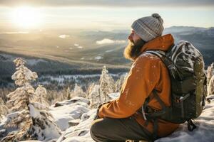 ai generado grupo de masculino caminantes admirativo un escénico ver desde un montaña cima. aventurero joven hombres con mochilas excursionismo y trekking en un naturaleza camino. de viaje por pie. foto