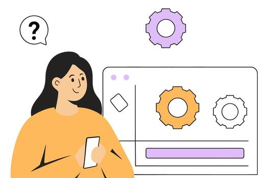 Woman engineer designs technical mechanism using program, flat vector illustration.