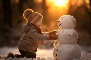 ai generado contento pequeño niña con un pequeño monigote de nieve en Nevado invierno día. foto