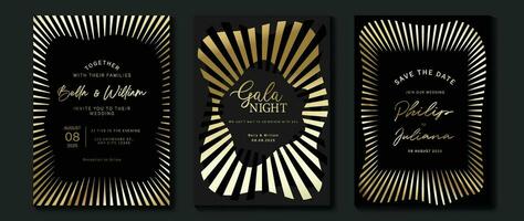 Luxury invitation card background vector. Golden elegant geometric shape, gold lines gradient on dark background. Premium design illustration for gala card, grand opening, party invitation, wedding. vector