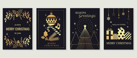 lujo Navidad invitación tarjeta Arte deco diseño vector. Navidad árbol, acebo, copo de nieve línea Arte en oscuro azul antecedentes. diseño ilustración para cubrir, saludo tarjeta, imprimir, póster, fondo de pantalla. vector