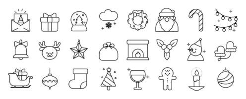 Merry Christmas and winter season doodle icon vector. Set of bauble ball, envelope, chimney, santa, snowman, gingerbread, candle, pine. Winter festival and holiday collection for kids, decorative. vector