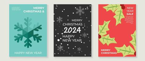 Set of happy new year 2024 and merry christmas concept background. Elements of decorative bauble, holly sprig, snowflakes, snow, berry. Art design for card, poster, cover, banner, decoration. vector