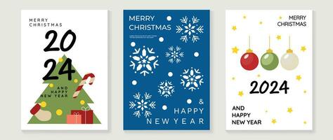 Set of happy new year 2024 and merry christmas concept background. Elements of decorative bauble, christmas tree, candy cane, sock, snowflakes. Art design for card, poster, cover, banner, decoration. vector