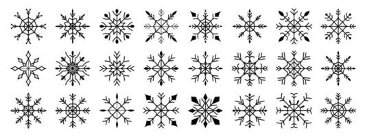 Set of snowflakes linear vector icon. Geometric snowflake shape, nature and winter related vector symbol hand drawn contour collection. Line art illustration design for logo, sticker, christmas.