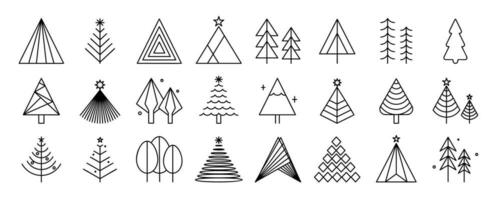 Set of trees linear vector icon. Geometric tree shape, plants, pine, nature and ecology related vector symbol hand drawn contour collection. Line art illustration design for logo, sticker, christmas.