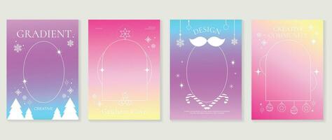 Merry christmas concept posters set. Cute gradient holographic background vector with vibrant color, snowfall, candy cane, pine. Art trendy wallpaper design for social media, card, banner, flyer.