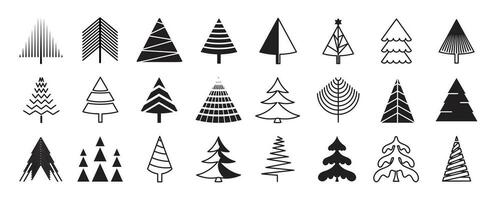 Set of trees linear vector icon. Geometric tree shape, plants, pine, nature and ecology related vector symbol hand drawn contour collection. Line art illustration design for logo, sticker, christmas.