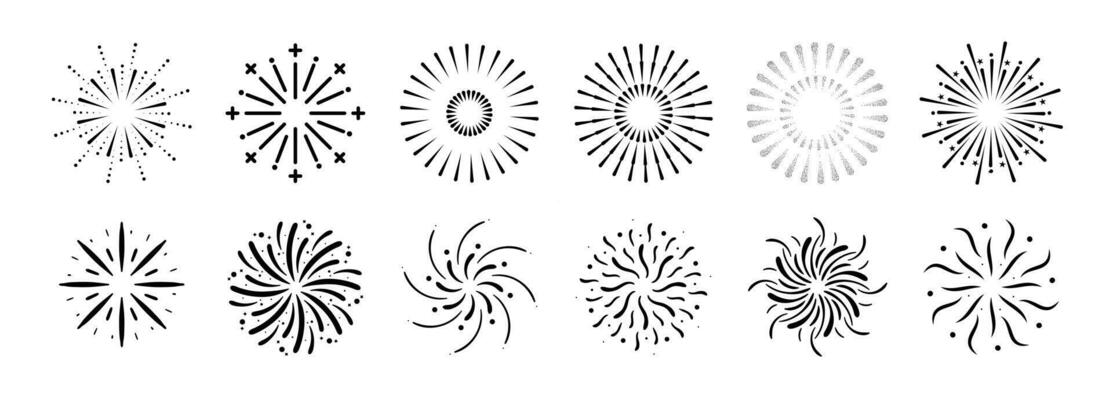 Set of new year firework vector illustration. Collection of black starburst, sunlight on white background. Art design suitable for decoration, print, poster, banner, wallpaper, card, cover, icon.