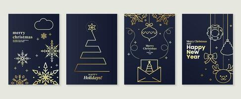 lujo Navidad invitación tarjeta Arte deco diseño vector. Navidad árbol, copo de nieve, sobre, reno, pelota línea Arte en oscuro azul antecedentes. diseño ilustración para cubrir, imprimir, póster, fondo de pantalla. vector