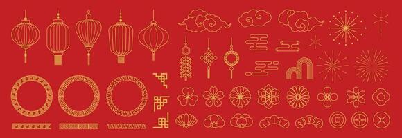 Chinese New Year Icons vector set. Chinese paper lantern, fan, cloud, flower, firework isolated icons of Asian Lunar New Year holiday decoration vector. Oriental culture tradition illustration.