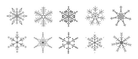 Set of snowflakes linear vector icon. Geometric snowflake shape, nature and winter related vector symbol hand drawn contour collection. Line art illustration design for logo, sticker, christmas.