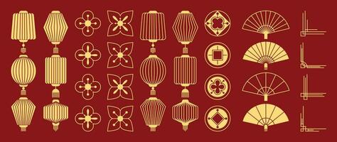 Chinese New Year Icons vector set. Chinese paper lantern, coin, flowers and red lamp isolated icons of Asian Lunar New Year holiday decoration vector. Oriental culture tradition illustration.