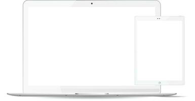 White laptop and tablet pc mockup set. Mobile devices vector illustration. Notebook and phablet isolated on white background.