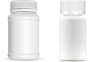 Pills bottles. White round and square medical container for drugs, diet, nutritional supplements. Vector illustration isolated on white background.