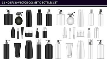 Black and White bottle mockup set. Vector illustration blank templates of empty clean black and white plastic jars bottles with spray, dispenser and dropper, cream jar, shampoo, lotion, soap, tube.