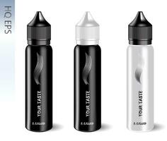 Vape e liquid bottles set with label and simple style logo. Vape jars in black and white color of caps and bodys. High quality EPS10 illustration design. vector