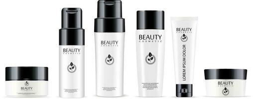 Big cosmetic products set shampoo and conditioner bottles, cream jar and tube mockup with glossy black lids. Realistic vector illustration.