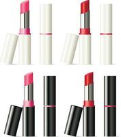 lápiz labial Bosquejo conjunto con negro y blanco caparazón. hermosa cosmético productos con rosado y rojo color palos realista 3d ilustración diseño. vector