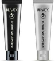 Cream or ointment cosmetic tube set with black and silver color design. Realistic mockup package vector illustration.