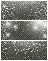 Snowfall and falling snowflakes on background. Set of three backdrops. White snowflakes and Christmas snow. Vector illustration