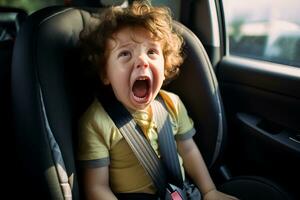 AI generated Toddler having a temper tantrum while sitting in a car seat. Angry child screaming and crying in a vehicle. Travelling with small kids. Going by car with children. photo