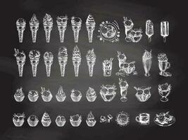 Big hand-drawn sketch of ice cream or frozen yoghurt in waffle cups and cones, milkshakes, ice cream on a stick, cookies on chalkboard background. Element for labels, packaging and postcards. Sweet. vector