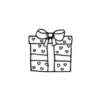 Doodle gift box with bow icon isolated on white background. Christmas and New Year presents with hearts thin line doodle in cartoon style. Gift wrap or package. Hand drawn icons vector illustration