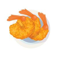 Dish with three shrimp tempura, breaded, crispy, deep fried in batter. Plate for menu Asian cuisine vector