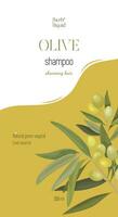 Vector illustration concept of packaging for shampoo based on olive. Olive branch label design in cartoon style