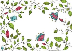 Horizontal frame of flowers, patterns with copy space. Stained glass style linear drawing botanical ornament for cute postcard vector