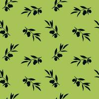 Vector illustration with seamless pattern of olive branch on a green background. Label for olive oil producers, olive packaging design, fabric print