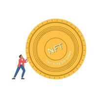 Man rolls NFT coin with difficulty non-fungible token, advance or fall vector