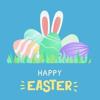 Vector illustration with template for happy easter greeting card with letering and rabbit ears. Easter art on eggs around frame. Grunge eggs in bright colors