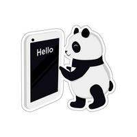 Vector illustration with a little cute panda that stands next to a huge smartphone and writes hello. Sticker or icon with panda.