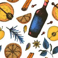 Vector illustration seamless pattern hot winter mulled wine alcoholic drink. Bright ingredients and spices for mulled wine in sketch style for wrapping, packaging, menu design