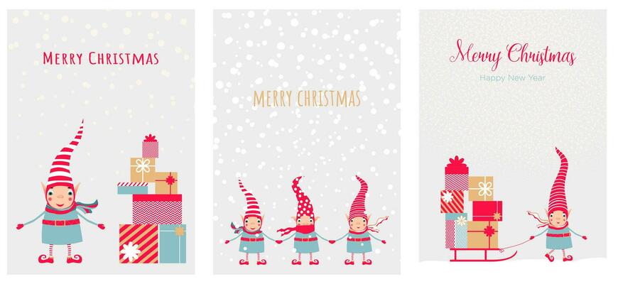 Set vector illustration with cute christmas elves in a striped red hats and Christmas gifts ans sled. Template for merry christmas and new year cards, greetings, banners or posters.