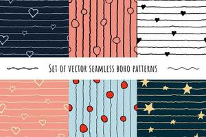 Set with doodles hand-drawn boho seamless patterns. Gold stars and hearts and circles patterns on striped background. Vector illustration