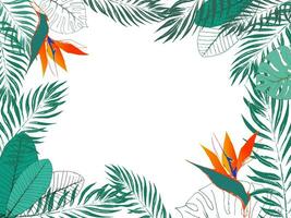 Eco tropical template with place for text. Jungle exotic frame of strelitzia flowers, palm leaves, monstera leaves, frangipani. EPS8 vector illustration