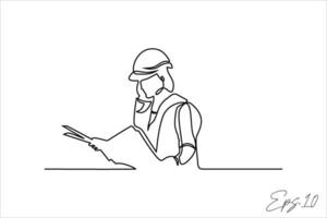 continuous line vector illustration design of a building foreman thinking about a building concept