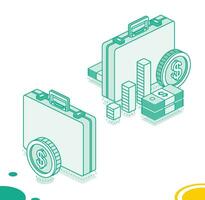 Business briefcase with columns, dollar coin and stack of dollars. Isometric outline concept. 3d objects. vector